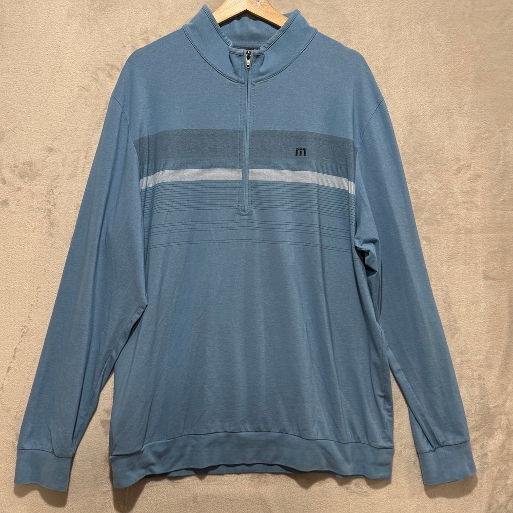 TravisMathew Mens XL Blue Silvertip Striped Quarter Zip Pullover Sweater Golf